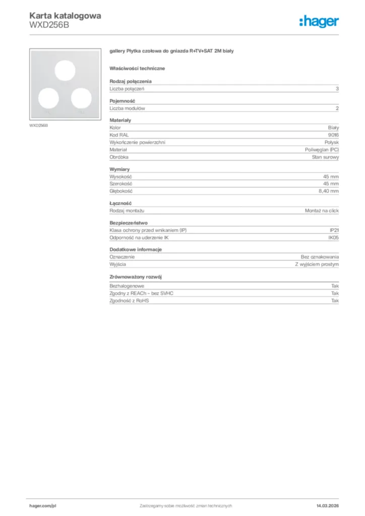 Zdjęcie Hager Karta katalogowa WXD256B | Hager Polska