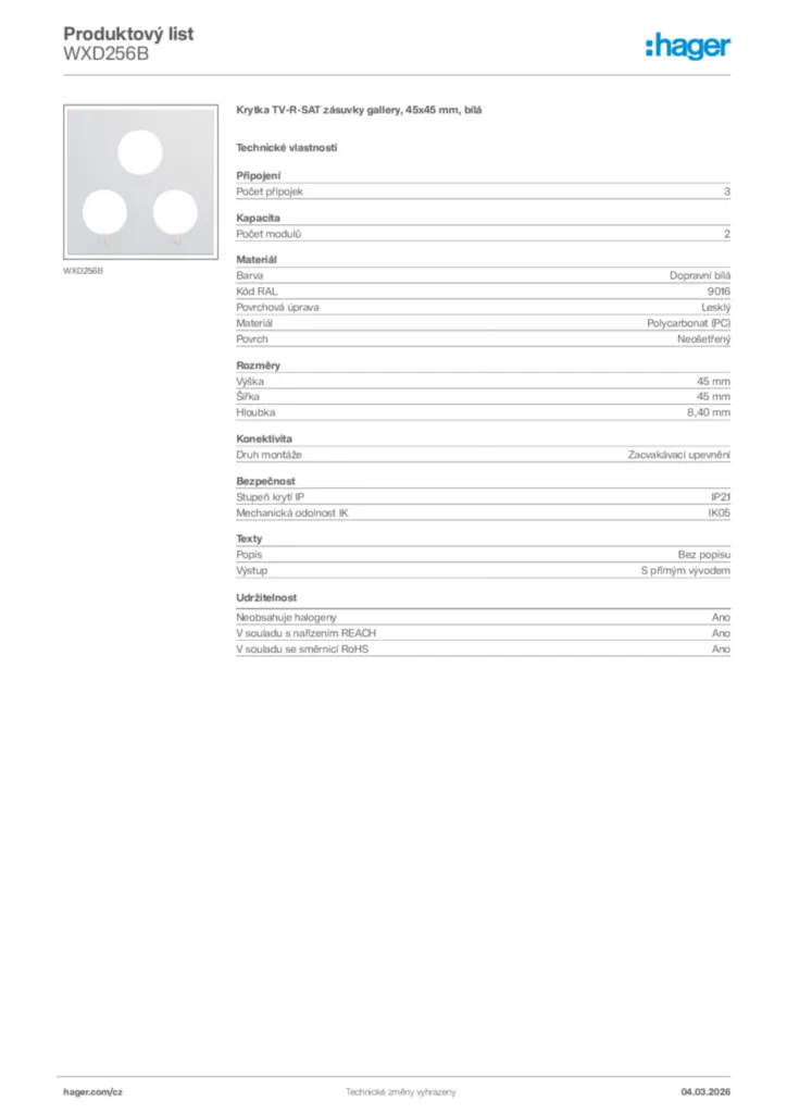 Obrázek Hager Product data sheet WXD256B | Hager