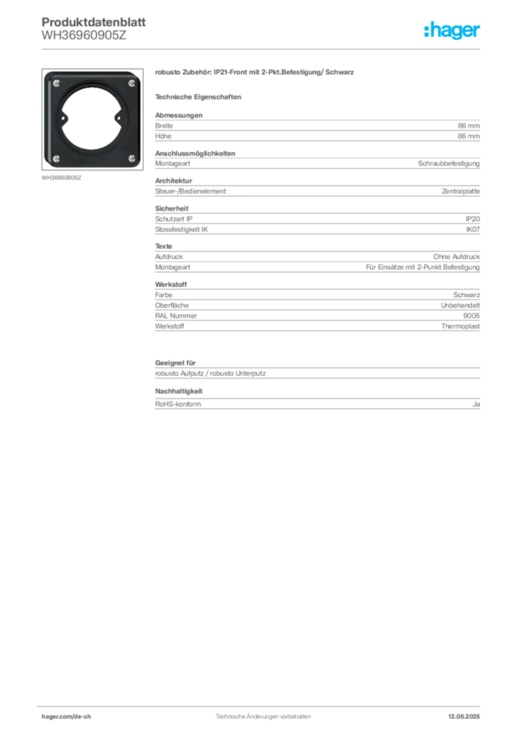 Bild Hager Produktdatenblatt WH36960905Z | Hager Schweiz