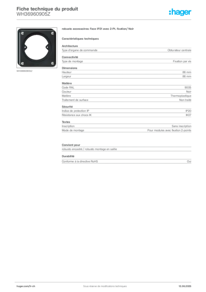 Image Hager Fiche technique du produit WH36960905Z | Hager Suisse