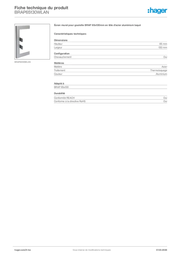 Image Hager Fiche technique du produit BRAP65130WLAN | Hager Belgique
