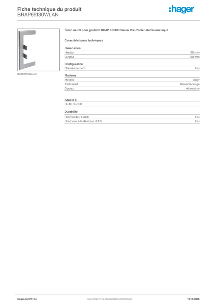 Image Hager Fiche technique du produit BRAP65130WLAN | Hager Belgique