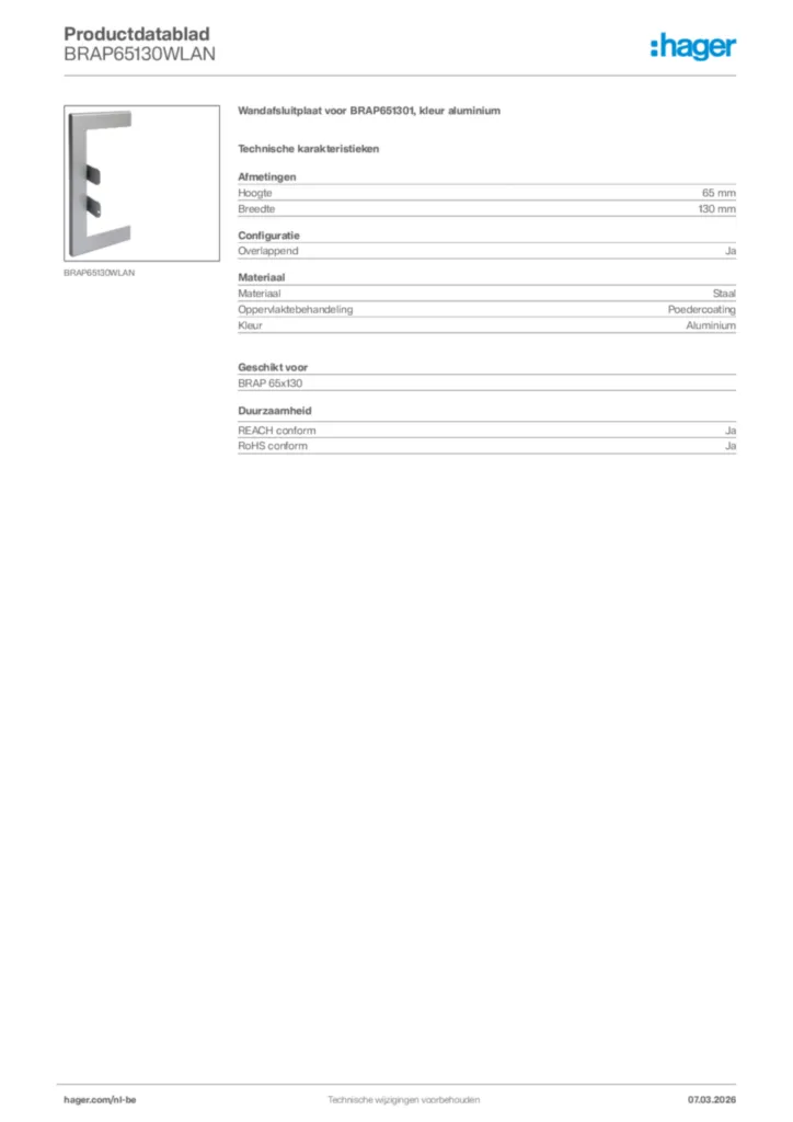 Afbeelding Hager Productdatablad BRAP65130WLAN | Hager Belgium