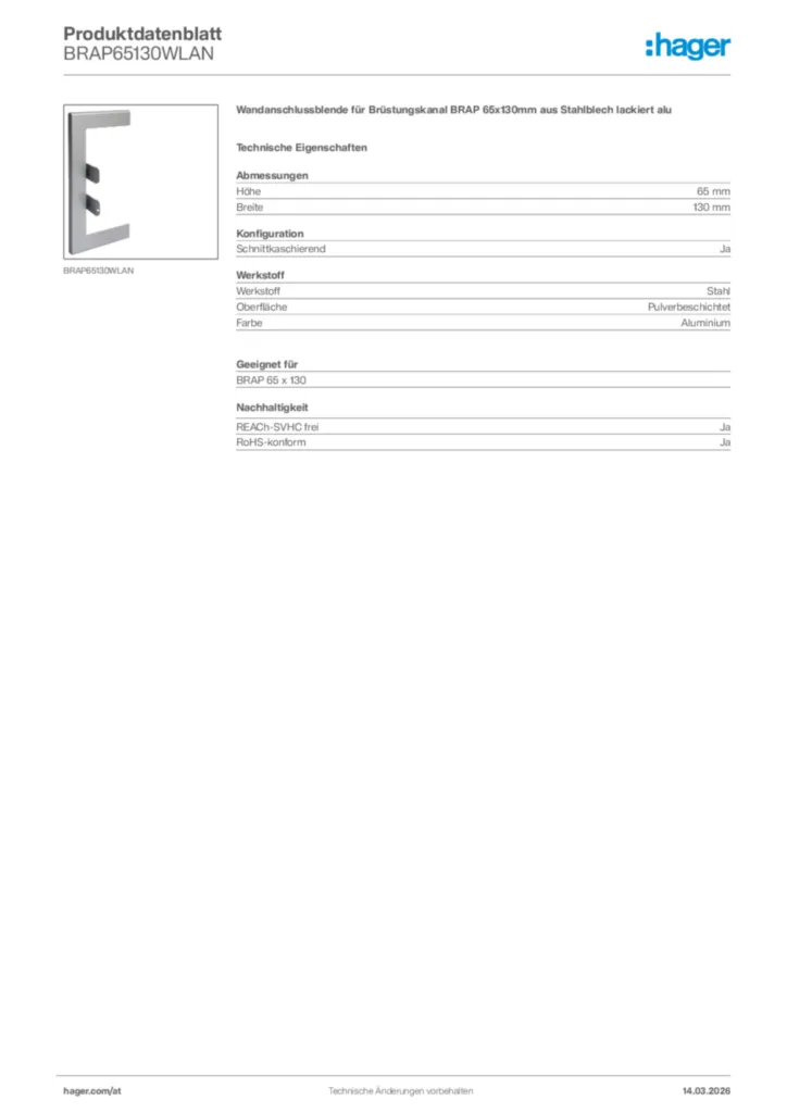 Bild Hager Produktdatenblatt BRAP65130WLAN | Hager Deutschland
