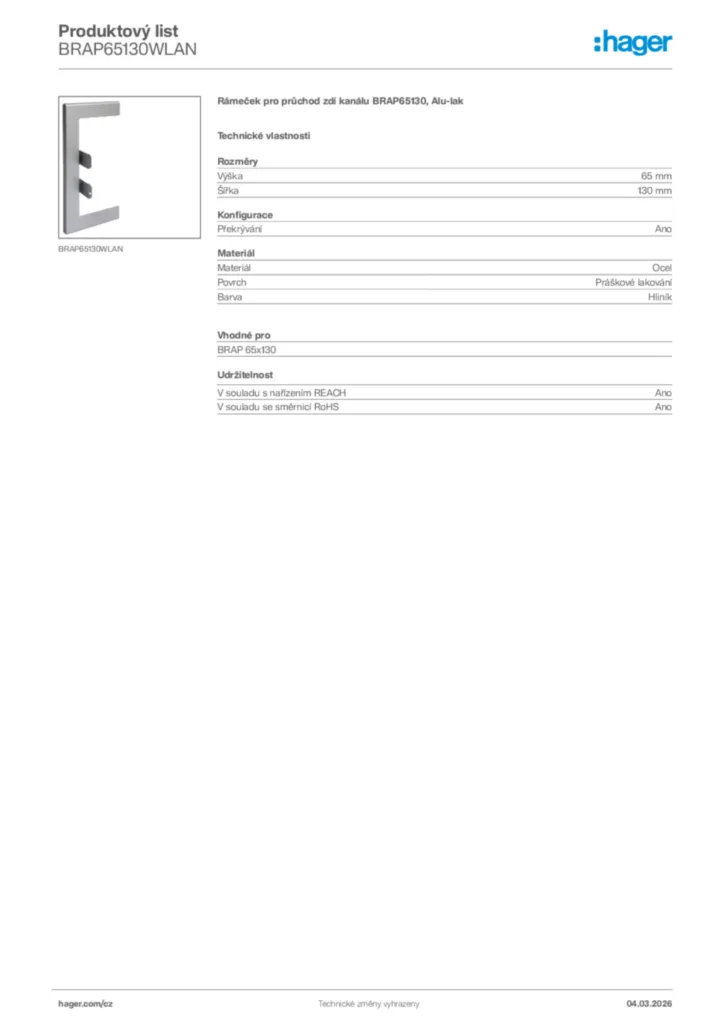 Obrázek Hager Product data sheet BRAP65130WLAN | Hager