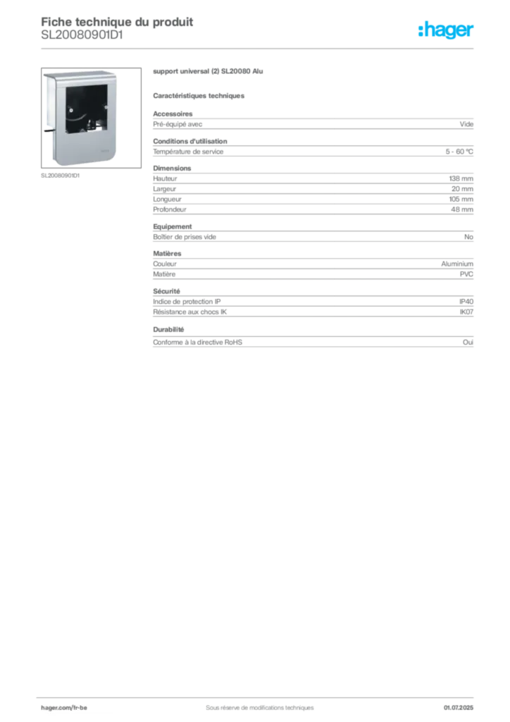 Image Hager Fiche technique du produit SL20080901D1 | Hager Belgique