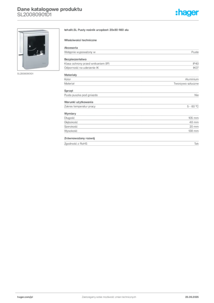 Zdjęcie Hager Karta katalogowa SL20080901D1 | Hager Polska