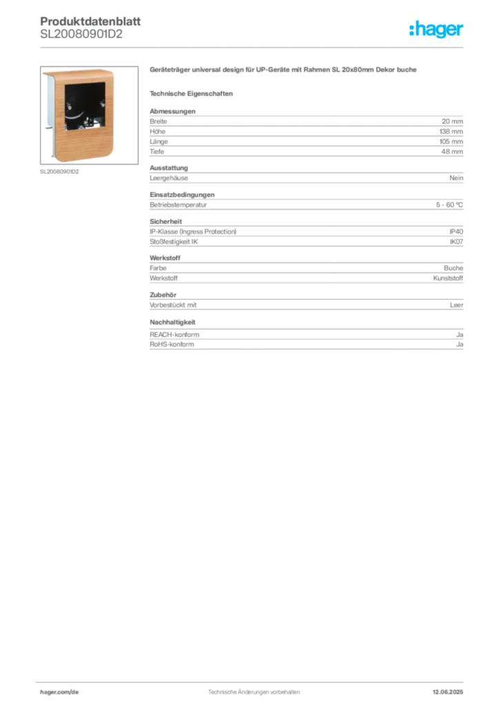 Bild Hager Produktdatenblatt SL20080901D2 | Hager Deutschland