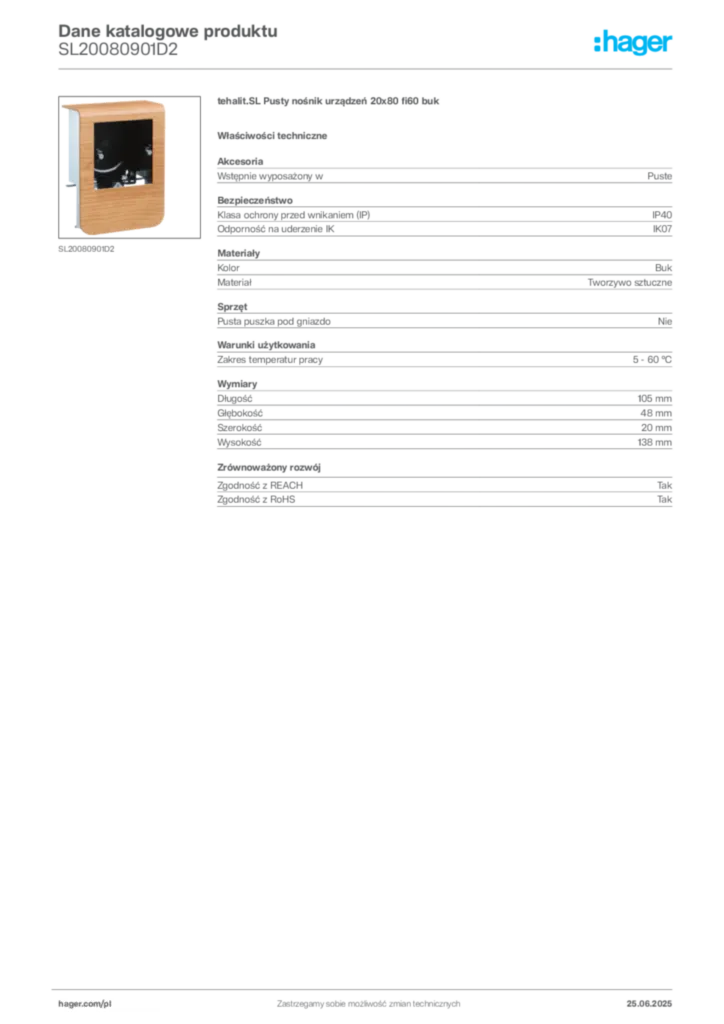 Zdjęcie Hager Karta katalogowa SL20080901D2 | Hager Polska