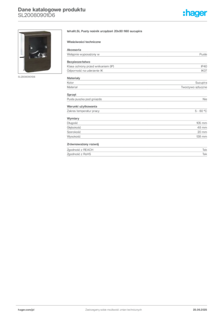 Zdjęcie Hager Karta katalogowa SL20080901D6 | Hager Polska