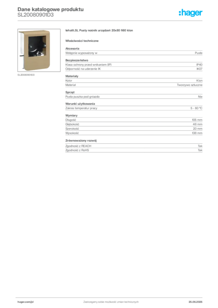 Zdjęcie Hager Karta katalogowa SL20080901D3 | Hager Polska