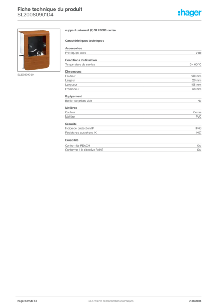 Image Hager Fiche technique du produit SL20080901D4 | Hager Belgique