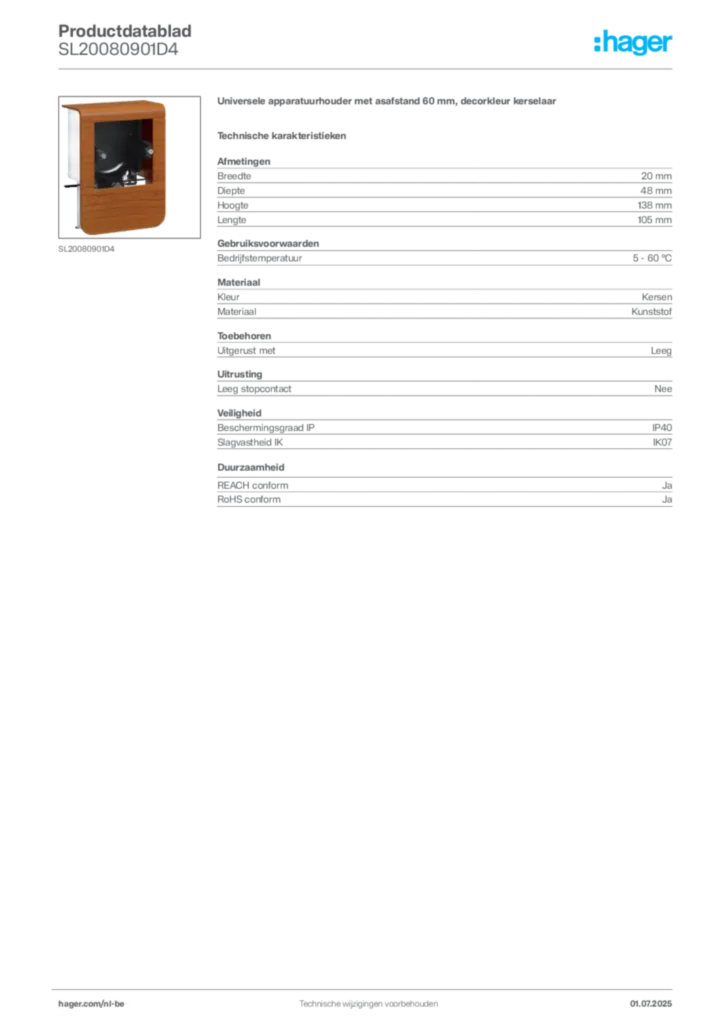 Afbeelding Hager Productdatablad SL20080901D4 | Hager Belgium