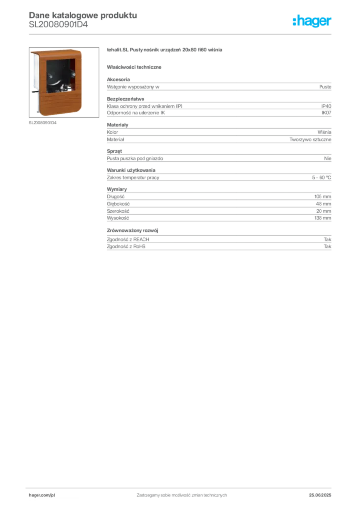 Zdjęcie Hager Karta katalogowa SL20080901D4 | Hager Polska