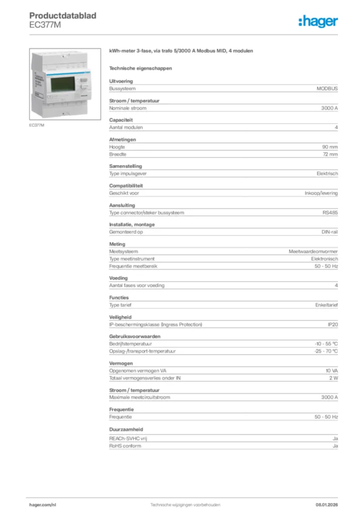 Afbeelding Hager Productdatablad EC377M | Hager Nederland