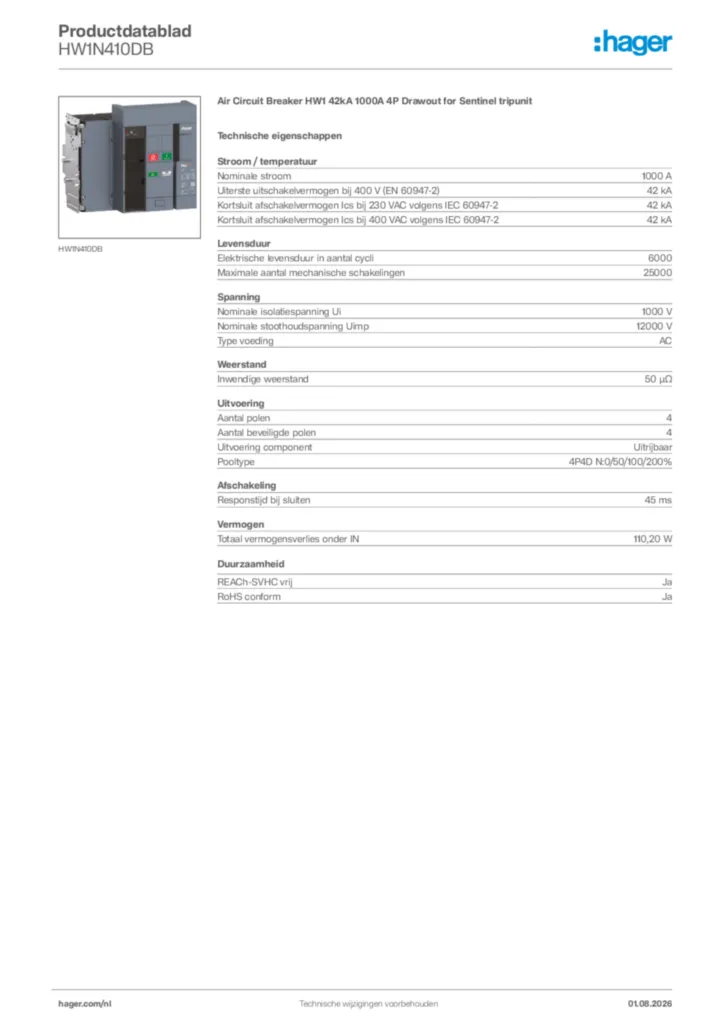 Afbeelding Hager Productdatablad HW1N410DB | Hager Nederland