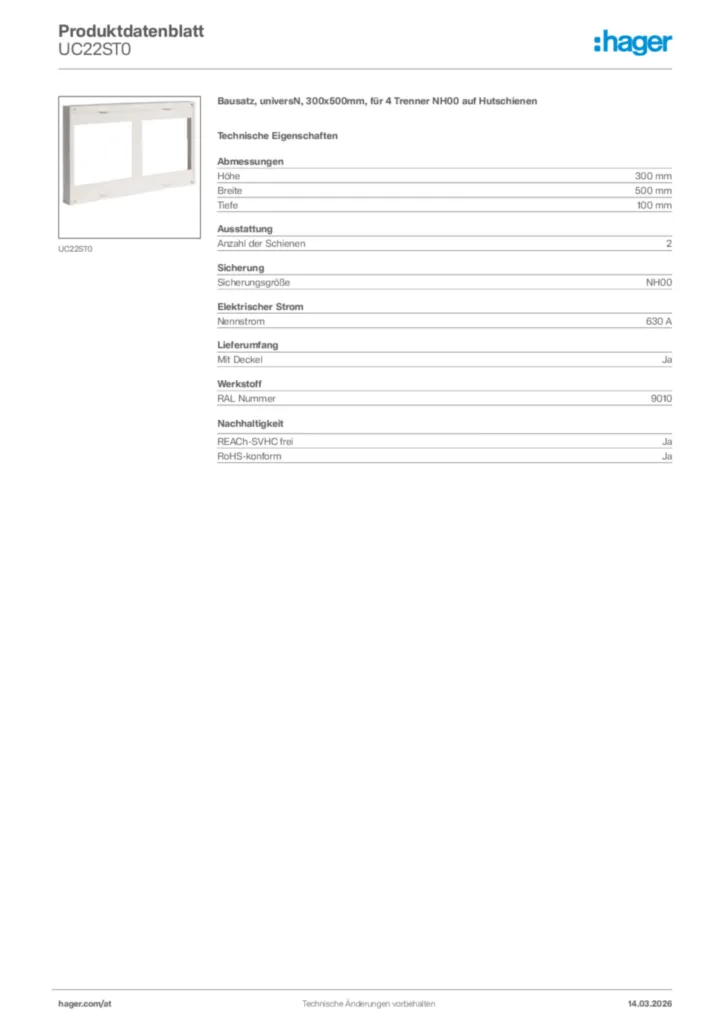 Bild Hager Produktdatenblatt UC22ST0 | Hager Deutschland