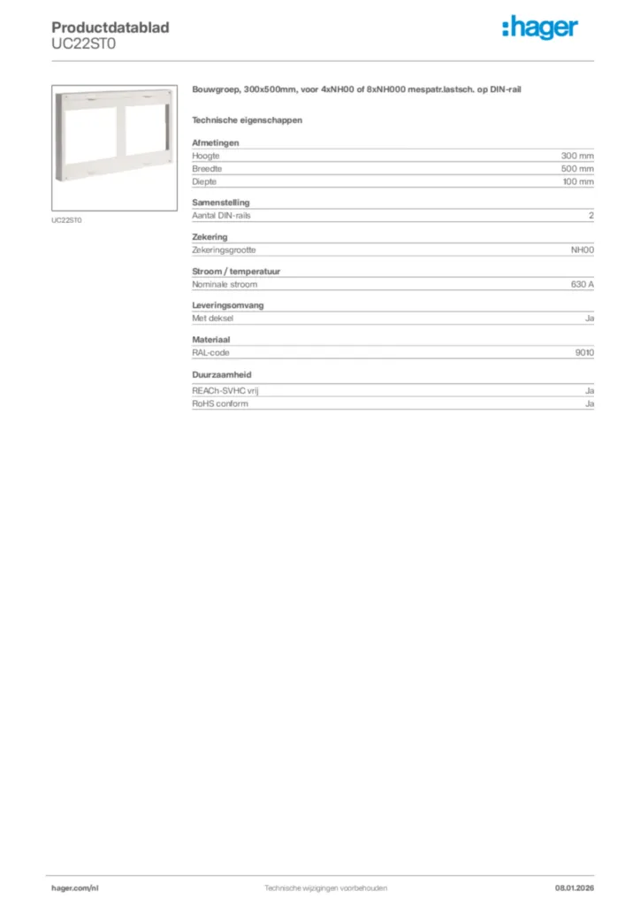 Afbeelding Hager Productdatablad UC22ST0 | Hager Nederland