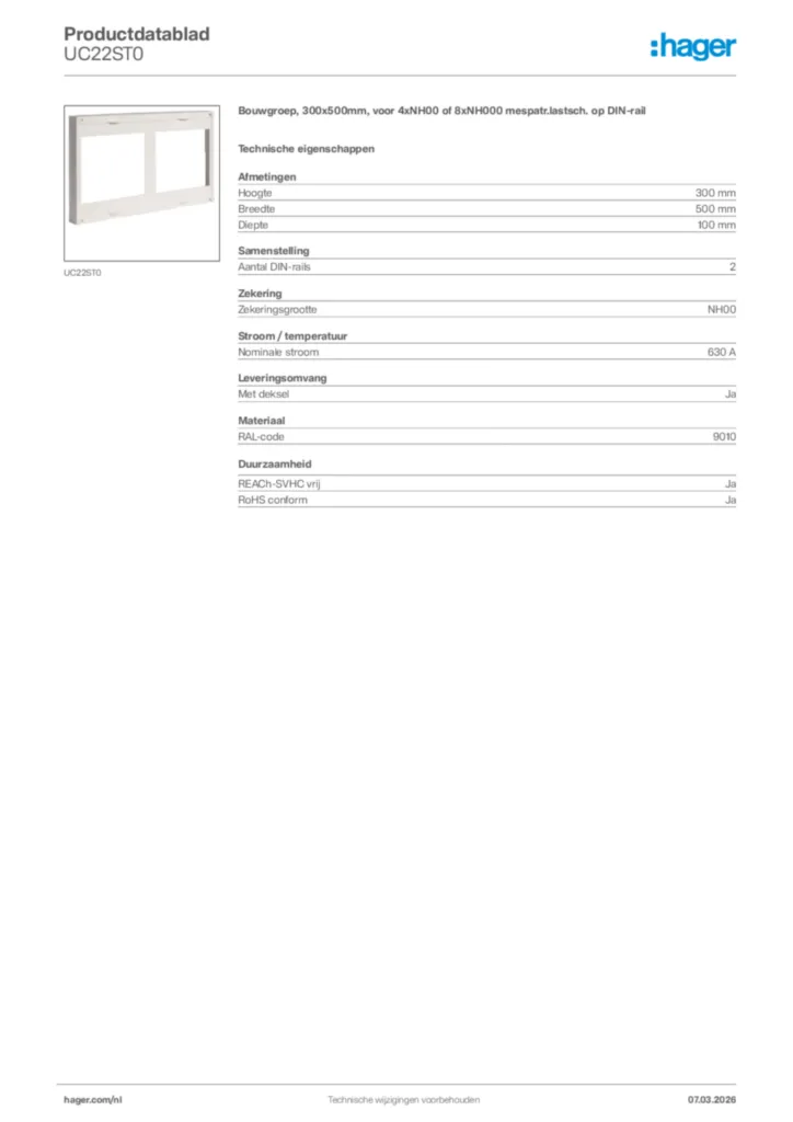 Afbeelding Hager Productdatablad UC22ST0 | Hager Nederland