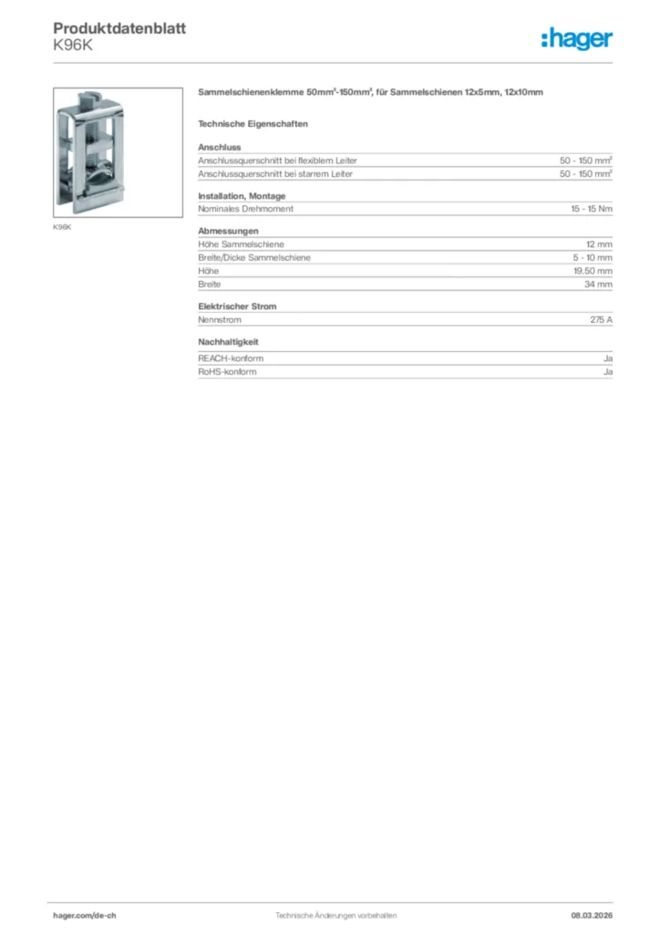 Bild Hager Produktdatenblatt K96K | Hager Schweiz