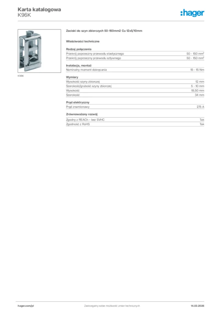 Zdjęcie Hager Karta katalogowa K96K | Hager Polska