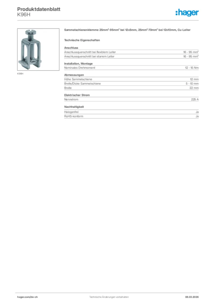 Bild Hager Produktdatenblatt K96H | Hager Schweiz