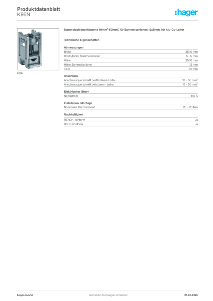 Bild Hager Produktdatenblatt K96N | Hager Deutschland