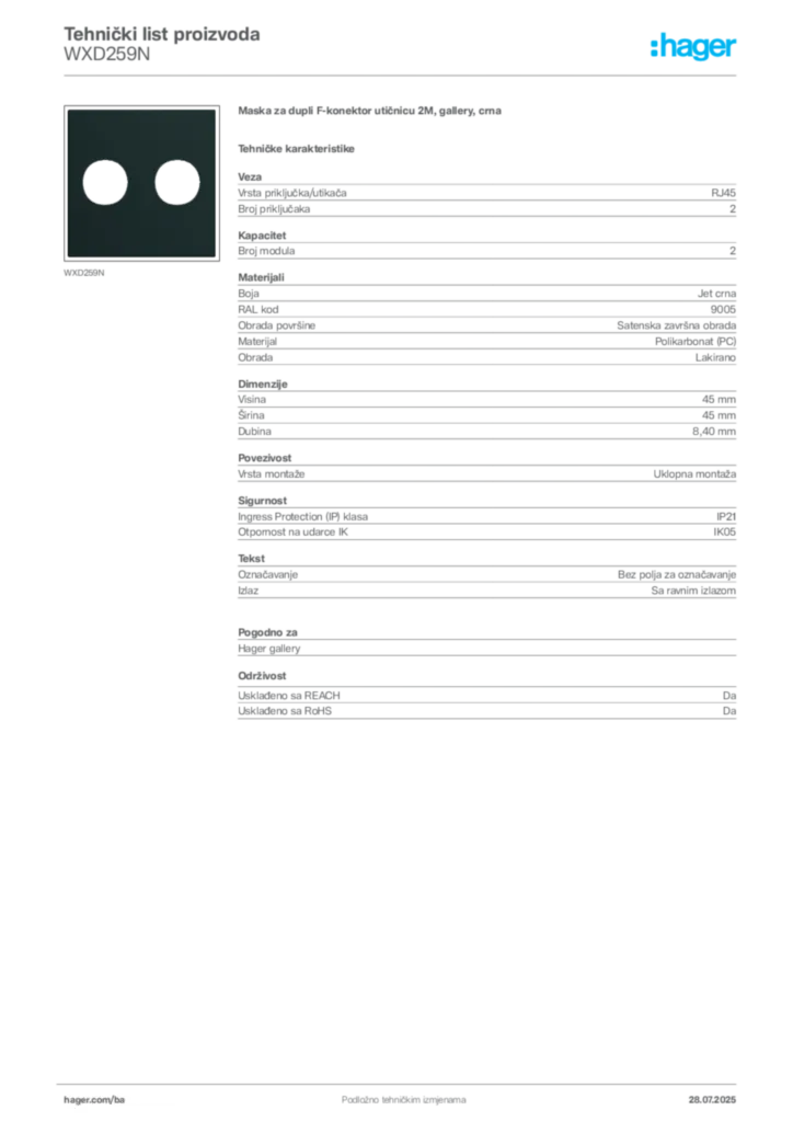Slika Hager Product data sheet WXD259N  | Hager