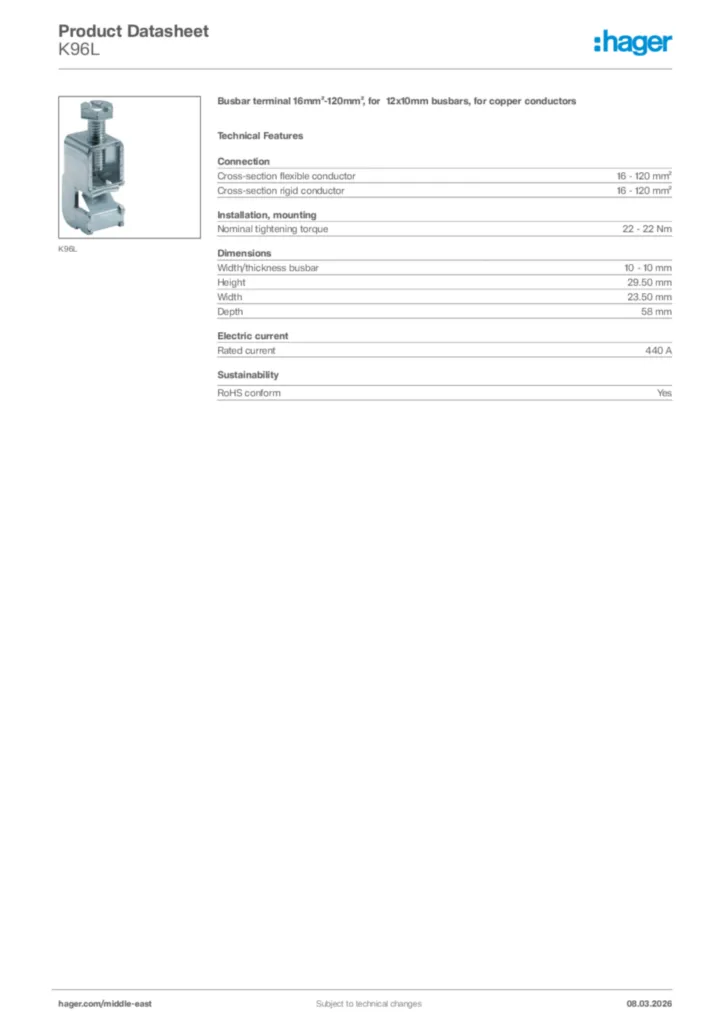 Image Hager Product data sheet K96L  | Hager