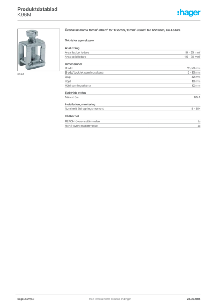 Bild Hager Produktdatablad K96M | Hager Sverige