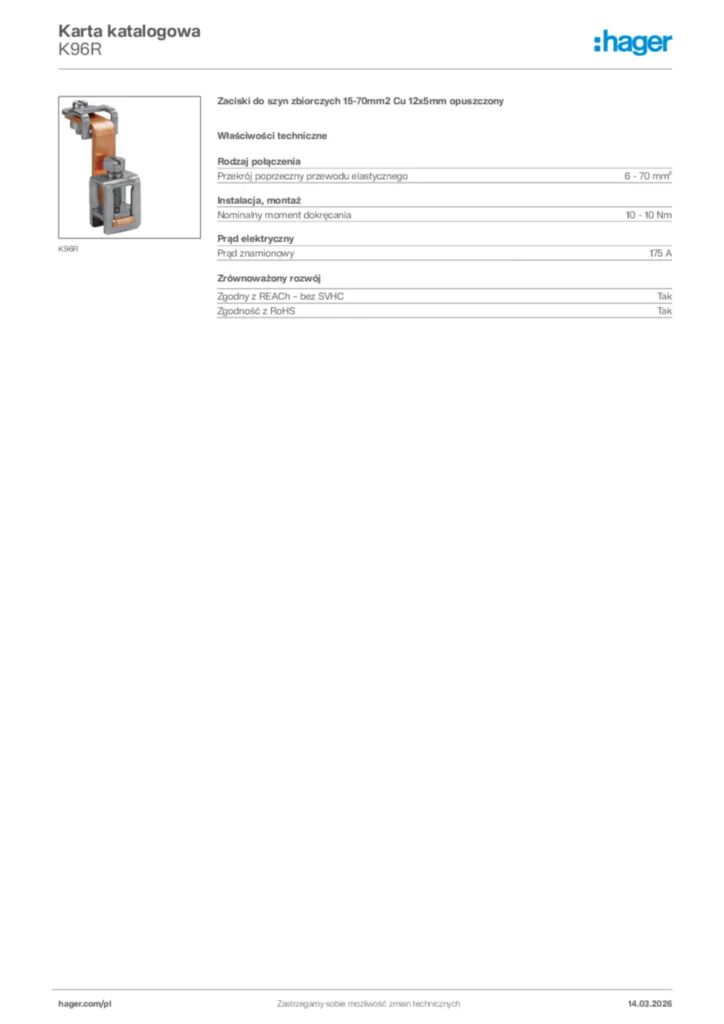 Zdjęcie Hager Karta katalogowa K96R | Hager Polska