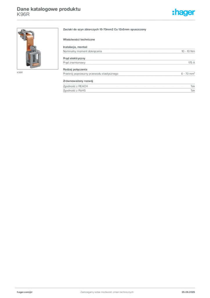 Zdjęcie Hager Karta katalogowa K96R | Hager Polska