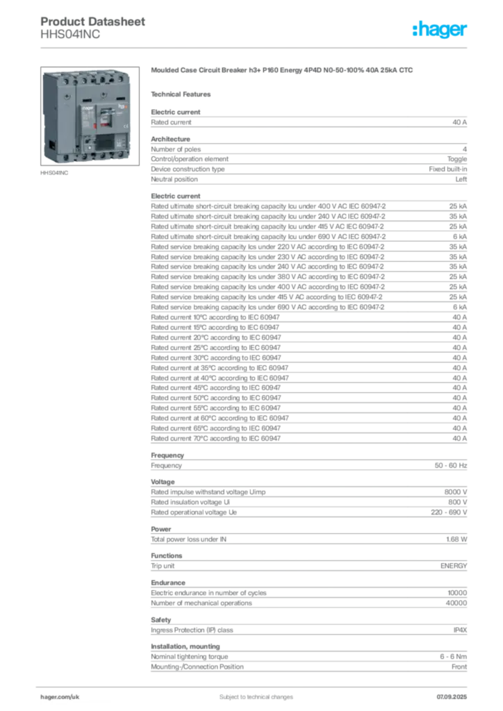 Image Hager Product data sheet HHS041NC  | Hager