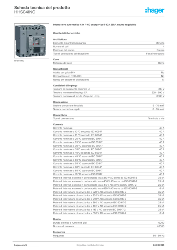 Immagine Hager Scheda tecnica del prodotto HHS041NC | Hager Italia