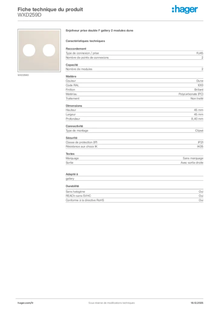 Image Hager Fiche technique du produit WXD259D | Hager France