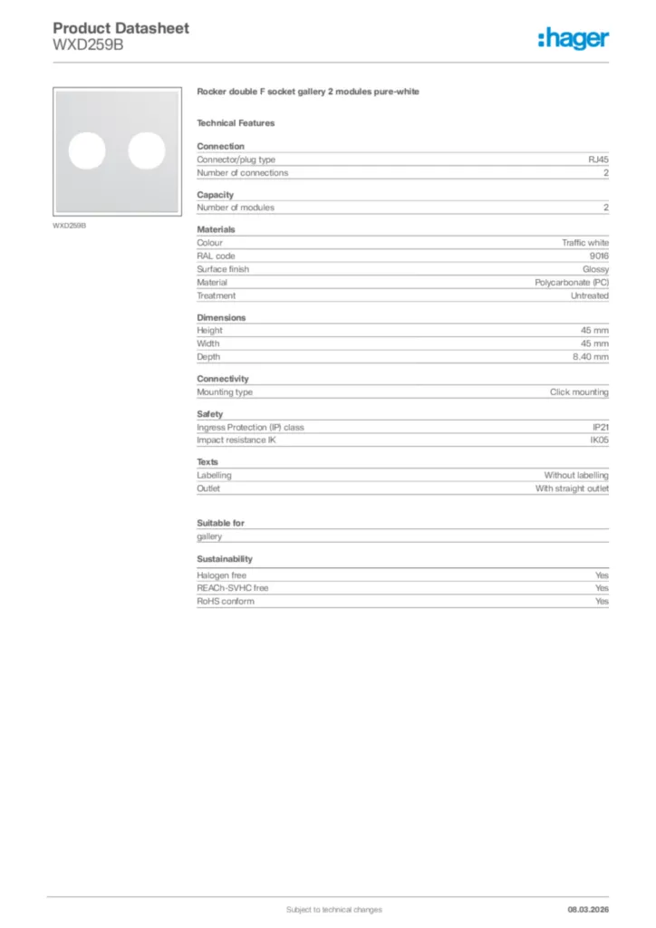 Image Hager Product data sheet WXD259B  | Hager Africa