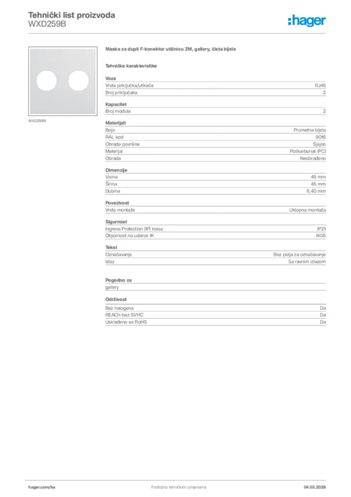 Slika Hager Tehnički list proizvoda WXD259B  | Hager