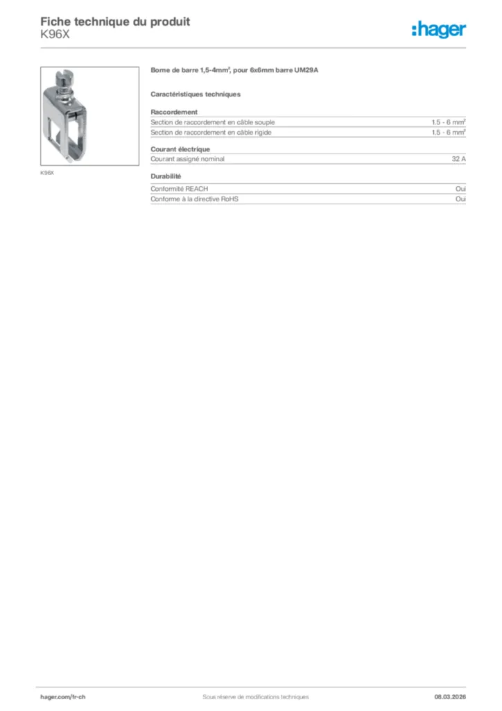 Image Hager Fiche technique du produit K96X | Hager Suisse