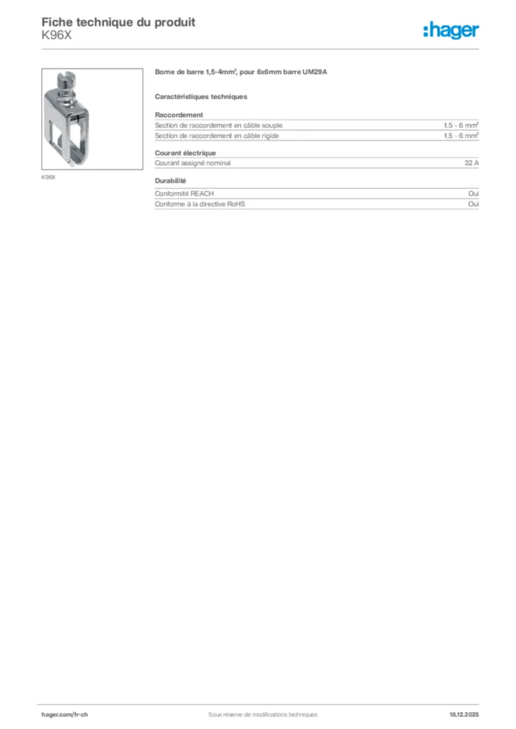 Image Hager Fiche technique du produit K96X | Hager Suisse