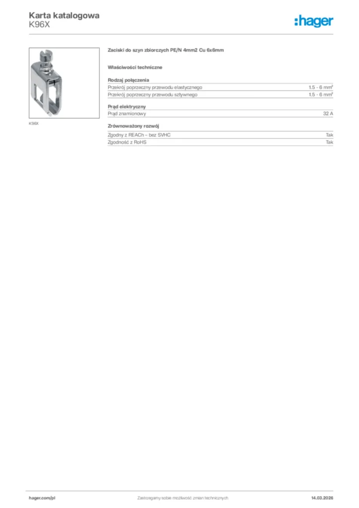 Zdjęcie Hager Karta katalogowa K96X | Hager Polska