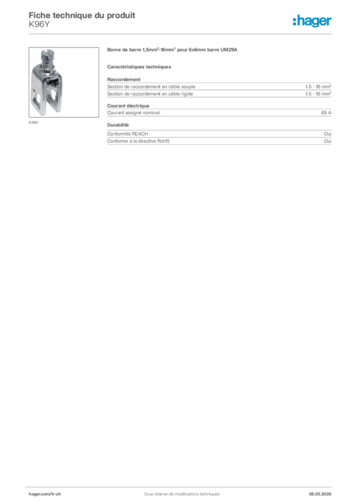 Image Hager Fiche technique du produit K96Y | Hager Suisse