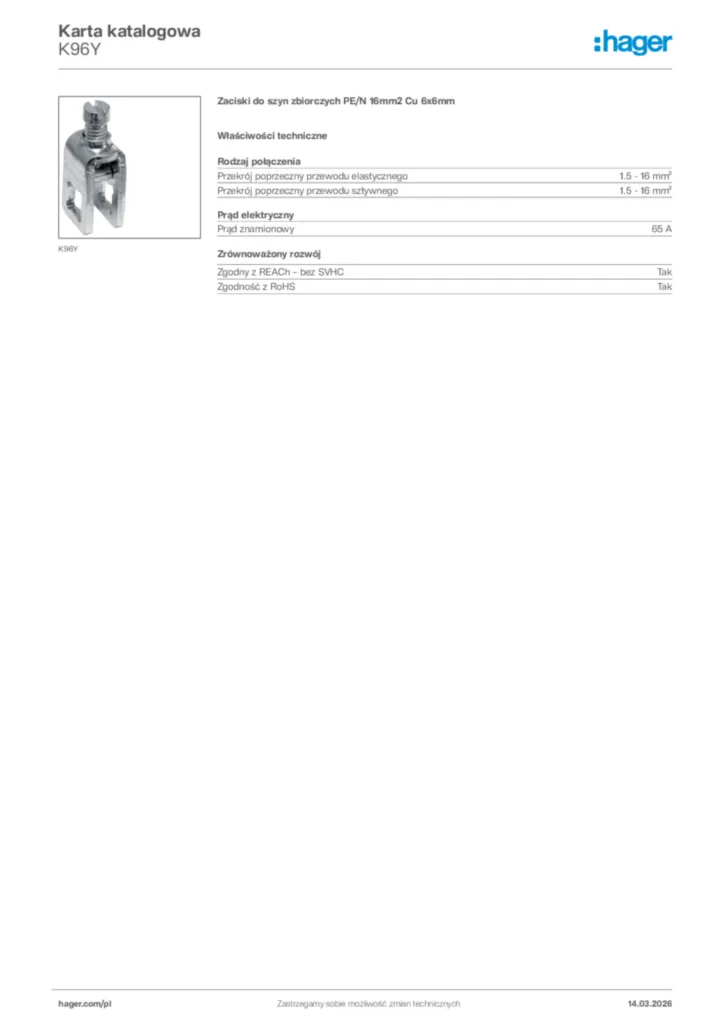 Zdjęcie Hager Karta katalogowa K96Y | Hager Polska