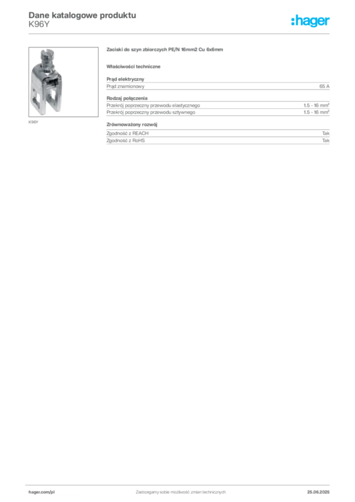 Zdjęcie Hager Karta katalogowa K96Y | Hager Polska