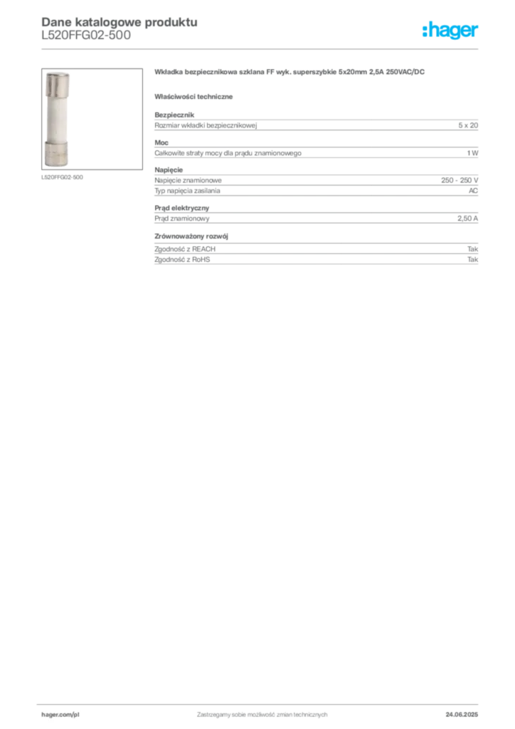 Zdjęcie Hager Karta katalogowa L520FFG02-500 | Hager Polska