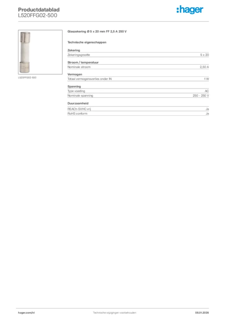 Afbeelding Hager Productdatablad L520FFG02-500 | Hager Nederland
