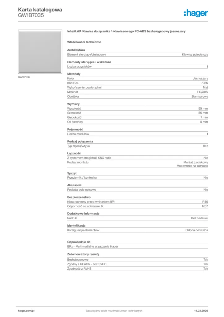 Zdjęcie Hager Karta katalogowa GW1B7035 | Hager Polska