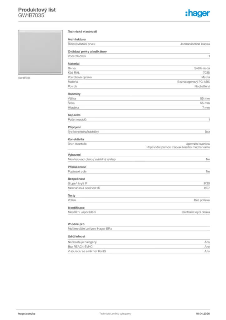 Obrázek Hager Product data sheet GW1B7035 | Hager