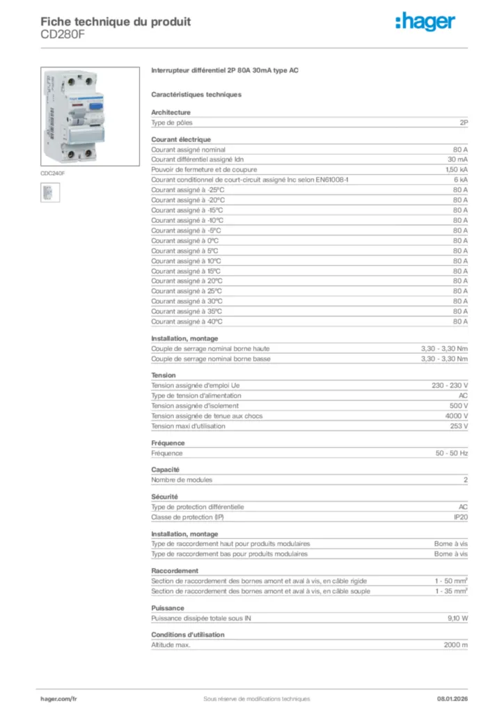 Image Hager Fiche technique du produit CD280F | Hager France