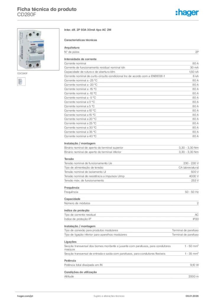 Imagem Hager Ficha técnica do produto CD280F | Hager Portugal