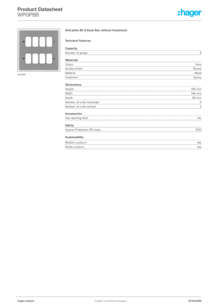 Image Hager Product data sheet WPGP8B  | Hager